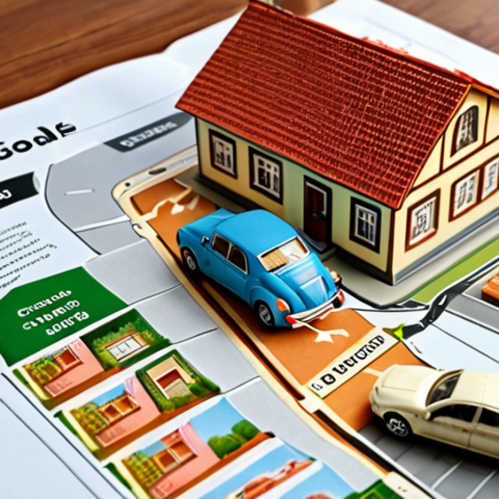 **

"Financial goals concept: A clear roadmap pointing to a prosperous future, including images of a car, a house, and a happy elderly couple. Visualize SMART goals like saving money, and prioritize a comfortable retirement."

**