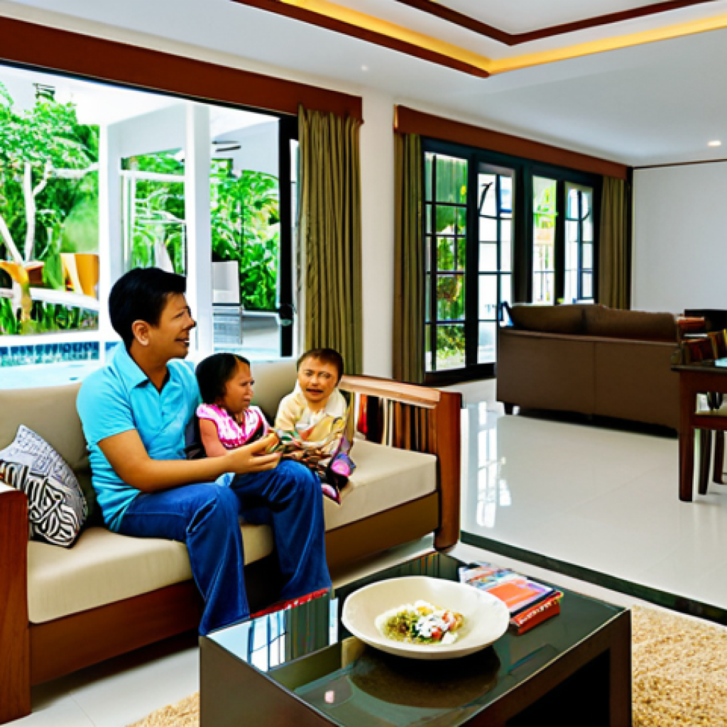 **
A cozy, modern Thai-style living room. In the foreground, a happy, fully clothed family (parents and two children) are gathered around a coffee table, looking at real estate brochures and smiling. The background shows a tastefully decorated home with large windows showcasing a lush tropical garden. "Fully clothed," "appropriate attire," "safe for work," "family-friendly," "professional photography," "perfect anatomy," "correct proportions," "natural pose," depicting the stability of real estate investment in Thailand.
**