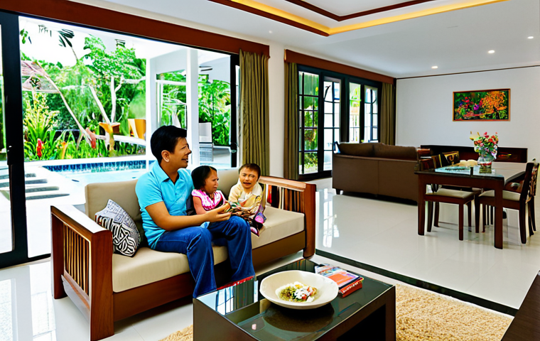 **

A cozy, modern Thai-style living room. In the foreground, a happy, fully clothed family (parents and two children) are gathered around a coffee table, looking at real estate brochures and smiling.  The background shows a tastefully decorated home with large windows showcasing a lush tropical garden.  "Fully clothed," "appropriate attire," "safe for work," "family-friendly," "professional photography," "perfect anatomy," "correct proportions," "natural pose," depicting the stability of real estate investment in Thailand.

**