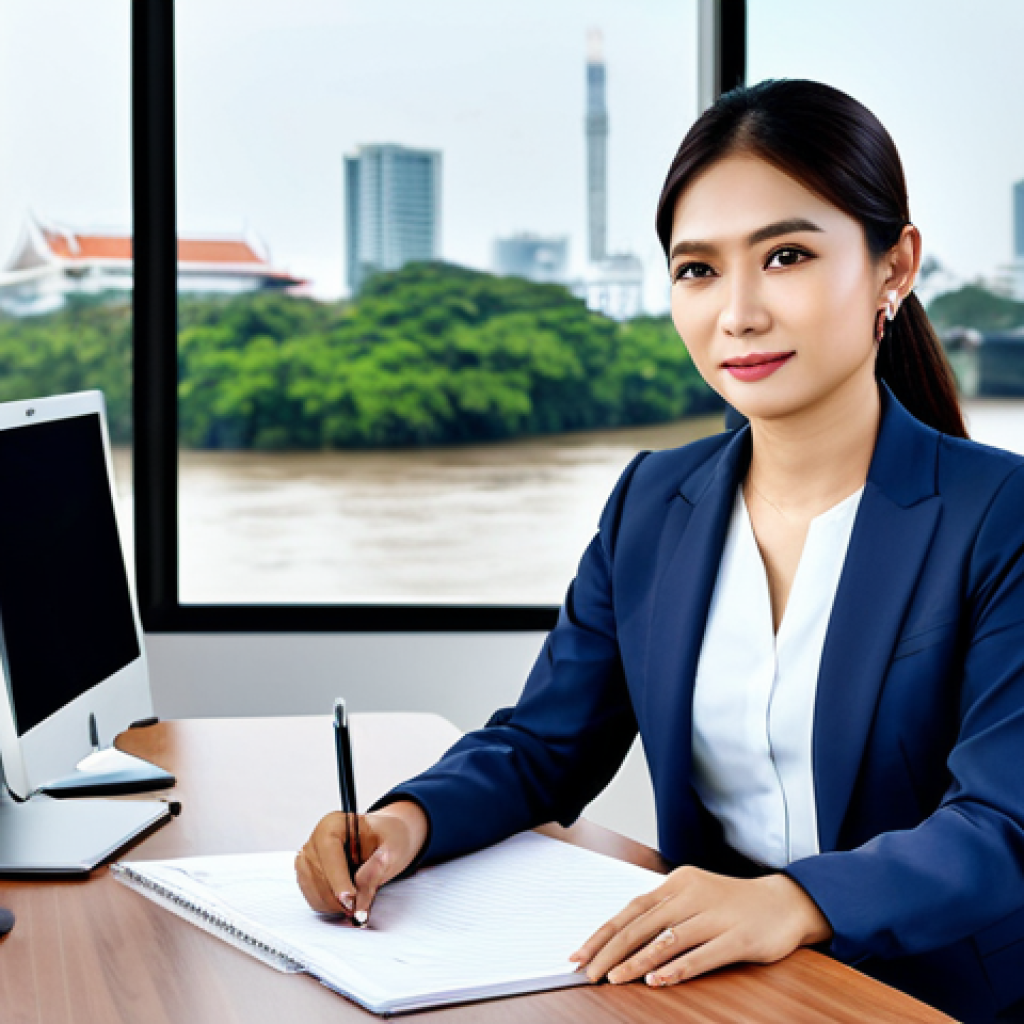 Businesswoman in Modern Office**
A professional Thai businesswoman in a modest business suit, sitting at a desk in a modern Bangkok office, fully clothed, appropriate attire, safe for work, perfect anatomy, natural proportions, professional photography, high quality. The office has a view of the Chao Phraya River. Family-friendly.
**