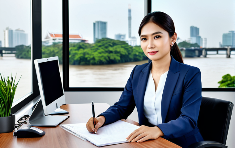 Businesswoman in Modern Office**

A professional Thai businesswoman in a modest business suit, sitting at a desk in a modern Bangkok office, fully clothed, appropriate attire, safe for work, perfect anatomy, natural proportions, professional photography, high quality. The office has a view of the Chao Phraya River. Family-friendly.

**