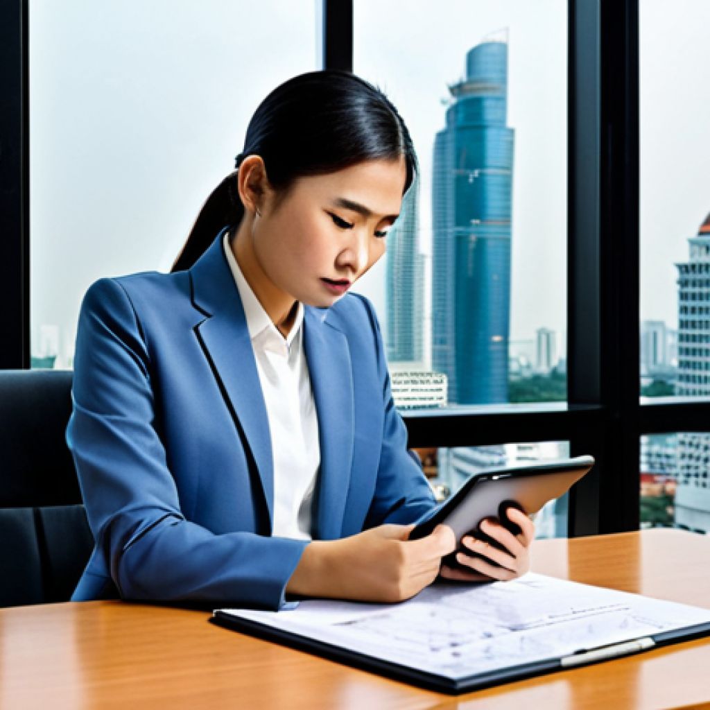 Businesswoman Planning Finances**
"A professional Thai businesswoman in a modern office, wearing a modest business suit, analyzing financial charts on a tablet, with a calculator and notepad on her desk, fully clothed, appropriate attire, safe for work, perfect anatomy, natural proportions, professional photography, financial planning concept, family-friendly, Bangkok cityscape visible through the window."
**