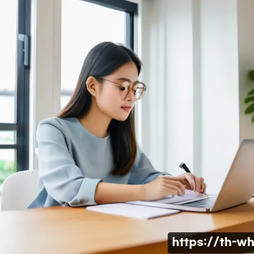 자산배분을 위한 체크리스트 - A focused young Thai woman, in her late 20s, sits at a modern, minimalist desk in a bright home offi...