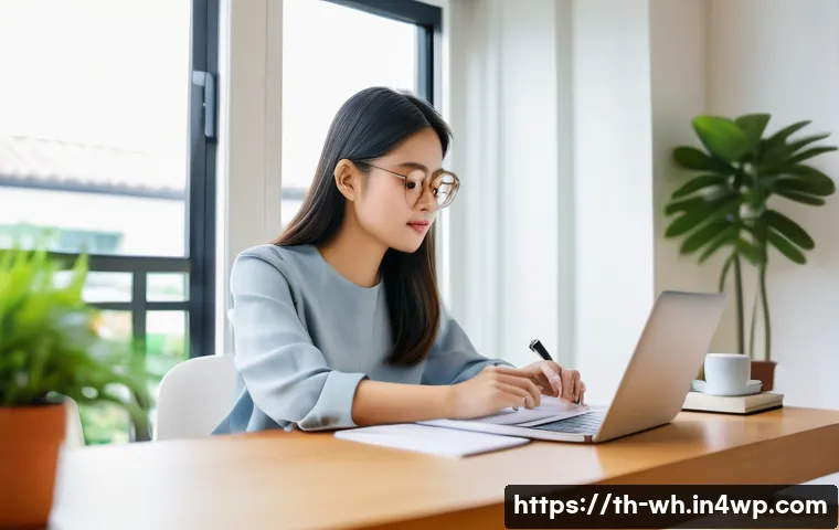 자산배분을 위한 체크리스트 - A focused young Thai woman, in her late 20s, sits at a modern, minimalist desk in a bright home offi...