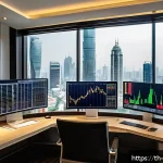 자산배분의 장기적 효과 분석 - A professional investor&rsquo;s modern home office setup with multiple large monitors displaying diverse i...