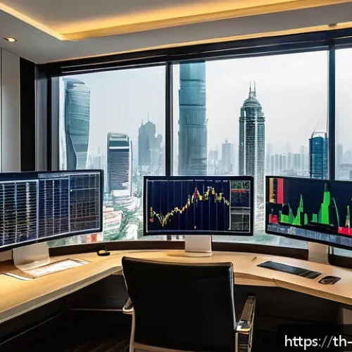 자산배분의 장기적 효과 분석 - A professional investor&rsquo;s modern home office setup with multiple large monitors displaying diverse i...