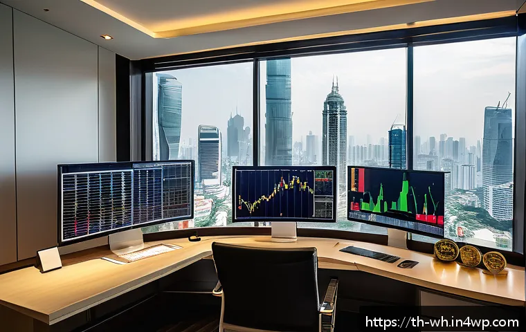자산배분의 장기적 효과 분석 - A professional investor&rsquo;s modern home office setup with multiple large monitors displaying diverse i...